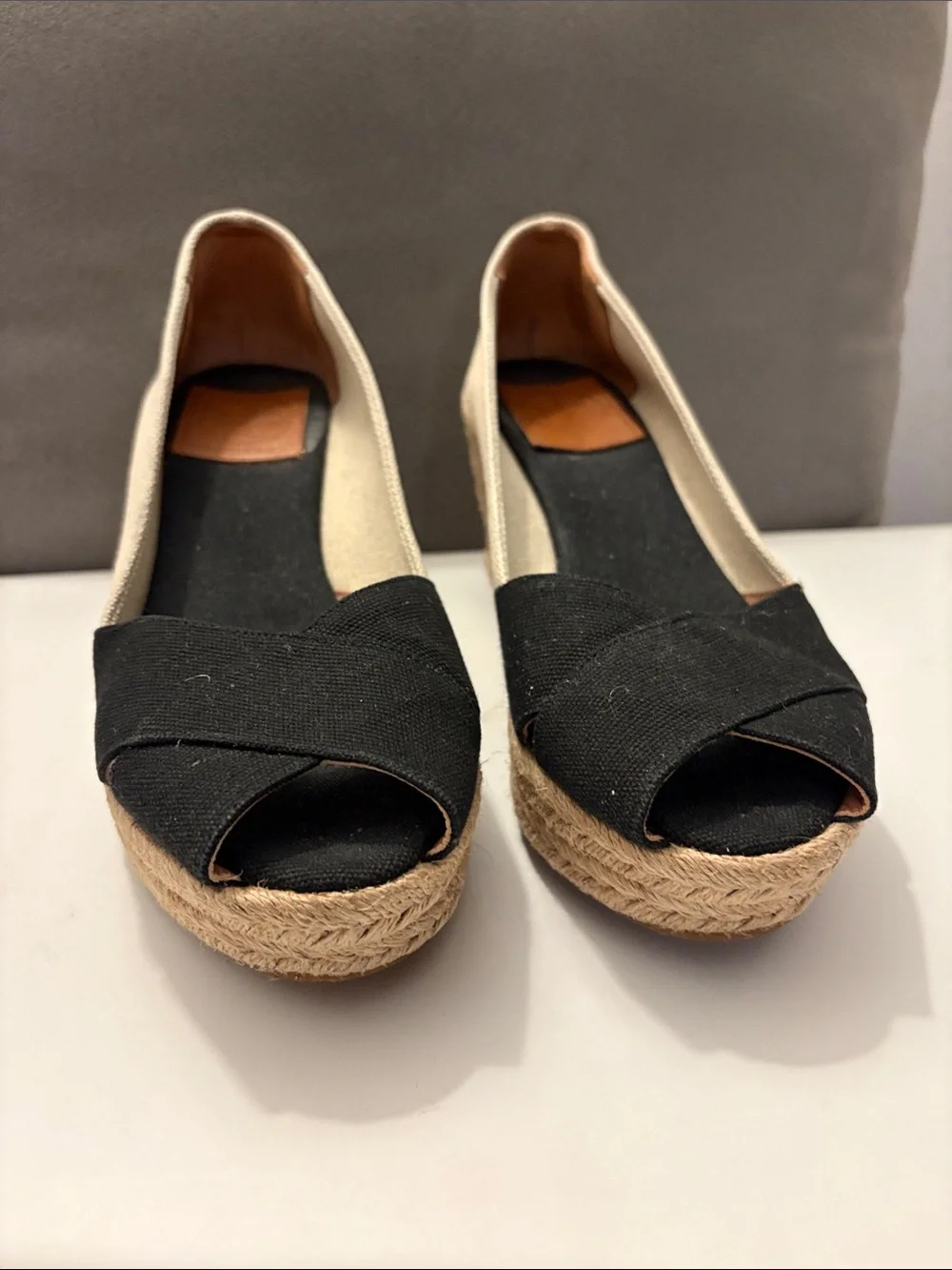 Tory Burch Black and Cream Canvas Peep-Toe Espadrille Wedges